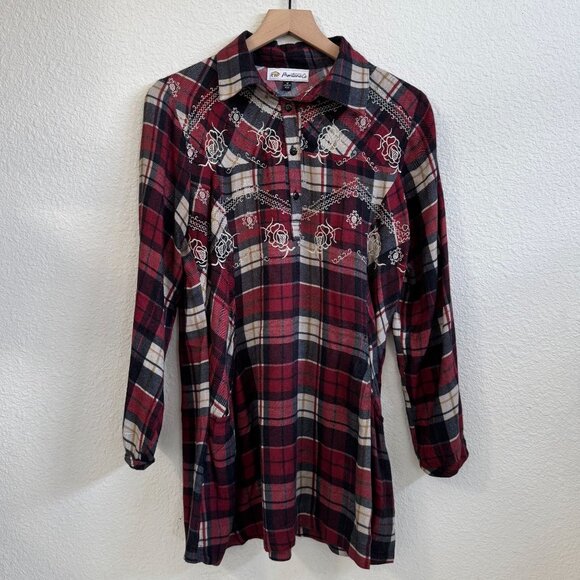 Montana Co. Womens Embroidered Plaid Tunic Shirt Medium Red/Black Cotton Blend - Picture 2 of 7